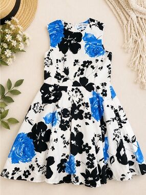 Kate Kasin Girls Size 7-8 Floral Fit & Flare Dress Blue Black White